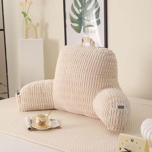 Large Reading Pillow for Sitting Up with Arms,White Corduroy