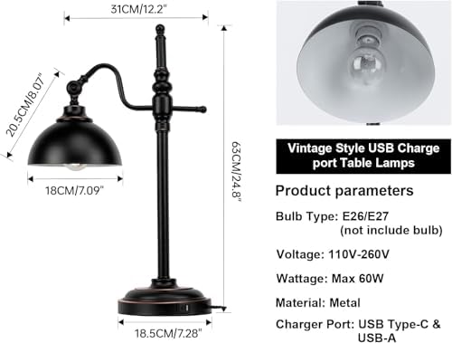 Industrial Desk Lamp - Black Metal Task Lamp with 2 USB Charging Ports,Vintage Farmhouse Style for Bedroom,Coffee,Dorm,Farmhouse Decor