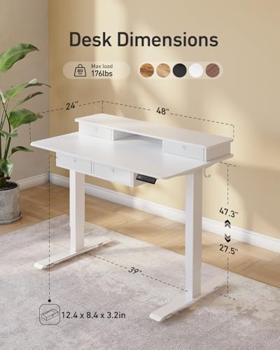 FEZIBO 48 x 24 inch Standing Electric Desk with Drawers, White