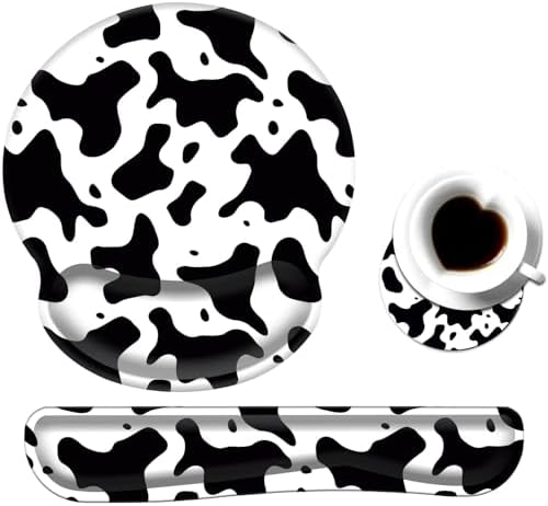 Keyboard Wrist Rest and Mouse Pad Wrist Support Set with Coaster,Ergonomic Mouse Pad,Comfortable for Easy Typing, Pain Relief,Memory Foam Keyboard Pad Set for Laptop Mac,Cow Print