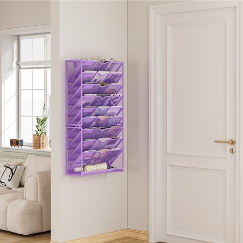 Lavatino Hanging Wall File Folders Organizer - 10-Tier Purple Metal Mesh Paper Magazine Document Mail Holder File Organizer for Office School Home Wall Mount or Desk Supplies Organization