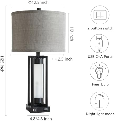 Set of 2 Modern Table Lamps for Living Room with USB C+A Ports