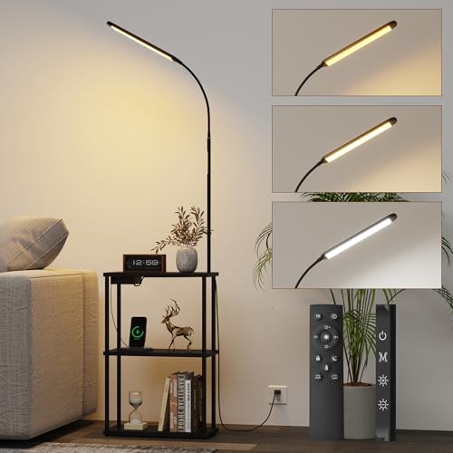 Qupui LED Floor Lamp with Table, 15W Dimmable, USB Charging, Black