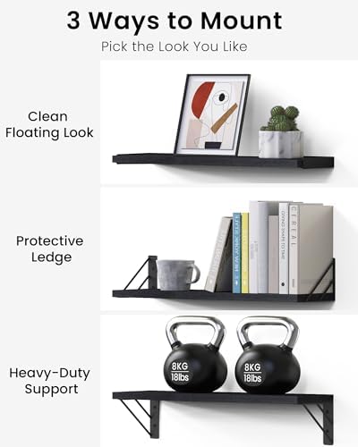 BAYKA Wall Mounted Black Floating Shelves for Wall (Set of 4, 16" Mixed)