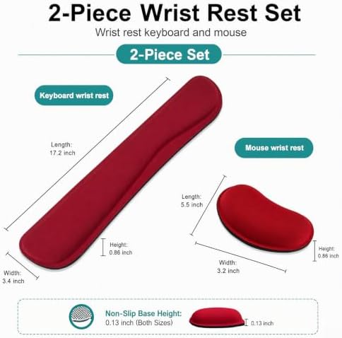 Keyboard Wrist Rest and Mouse Wrist Rest Set - Ergonomic Memory Foam Wrist Cushion - for Wrist Support on Computer, Laptop, Office, Playing Games, Typing Relieves Wrist Pain Red