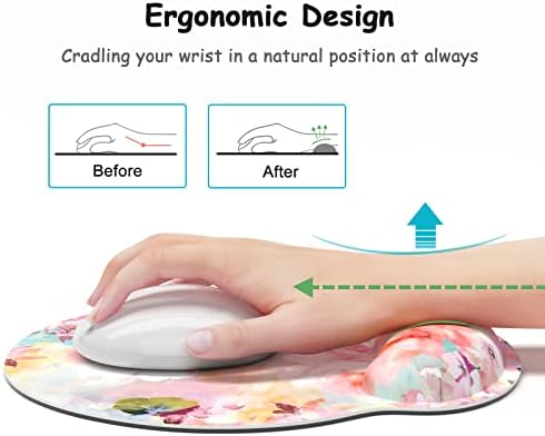 Ergonomic Mouse Pad with Wrist Support, Floral Memory Foam Wrist Rest Mouse Pads, Cute Computer Laptop Office Accessories Decor, Pain Relief Mousepad for Gaming Work Women Girls, Pink Flowers