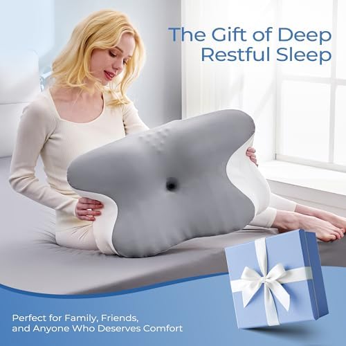 BDEUS Cervical Neck Pillow for Sleeping – Ergonomic Memory Foam Pillow with Massage Nodes for Neck Pain Relief, Side Sleeper & Back Support, CertiPUR-US Certified, Grey
