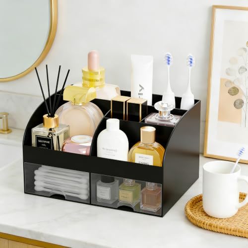 Makeup Organizer with 2 Drawers, Cosmetic Storage for Dresser Vanity and Bathroom Countertop,Make up organization and Skincare Storage with Beauty Brush Holder, Cosmetic Display Case 2Pcs Black