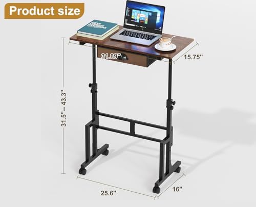 Adjustable Height Standing Desk With Drawer, Rolling Sit Stand Up Desk With Wheels, Small Sit To Stand Computer Desk, Adjustable Desktop Height, On Wheels, Brown, For Walking Pad Laptop Treadmill