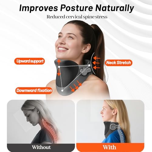 3-in-1 Neck Massager with Height Adjustable Traction, 15-Level Massage & 2 Heat Levels, Electric Cervical Stretcher for Pain Relief, Portable Neck Support for Home Office Travel