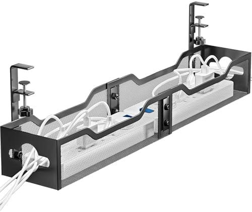 Under Desk Cable Management Tray 32'', Cable Management Under Desk No Drill, Cable Organizer with Clamp for Wire Management, Cord Organizer for Office, Home - No Damage to Table (Black)