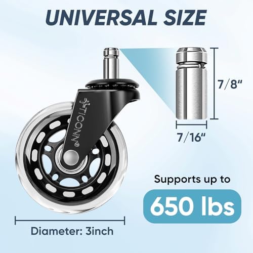 TICONN Office Chair Wheels, 3" Caster Wheels for Tile Carpets, Set of 5