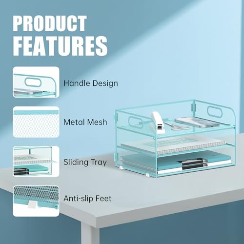 DALTACK 3 Tier Paper Organizer for Desk, Sliding Paper Trays, Blue