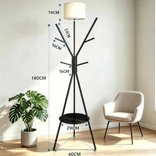 Black Coat Rack Floor Lamp, Metal Standing Lamp with Storage Table, 3 Color Dimmable Tall Lamp with Multi Hooks Coat Rack, Corner Floor Light for Living Room Bedroom Apartment Entryway