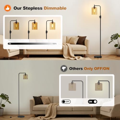 【Upgraded】 Dimmable Floor Lamp for Living Room with Amber Glass Lampshade, Black Modern Glass Floor Lamp with 900LM LED Bulb Included, Arc Standing Tall Lamp for Bedroom, Office, Reading Room, Corner