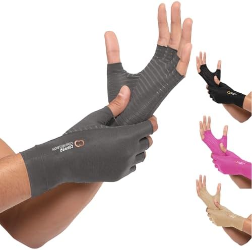 Copper Compression Arthritis Gloves | Fingerless Arthritis Carpal Tunnel Pain Relief for Men & Women | Hand Support Wrist Brace for Neuropathy, Rheumatoid, Tendonitis, Swelling, Typing Grey XS