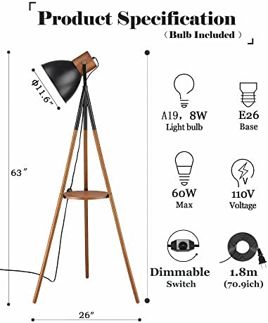 ELYONA Dimmable Tripod Floor Lamp with Table, Wood Standing Lamp with Adjustable Metal Shade, Modern End Table with Reading Light for Livingroom, Bedroom, Office, LED Bulb Included, Black & Brown