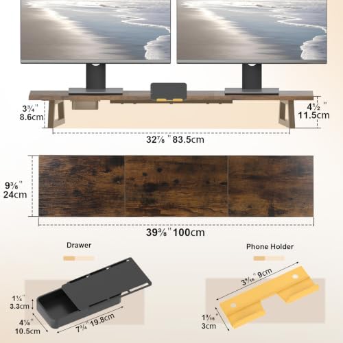 TEAMIX 39.4 inch Dual Monitor Stand Riser with Drawer & Phone Holder, Brown