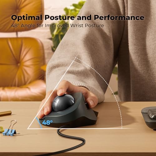 Wired Ergonomic Trackball Mouse for Large Hands, 44mm Index Finger Control