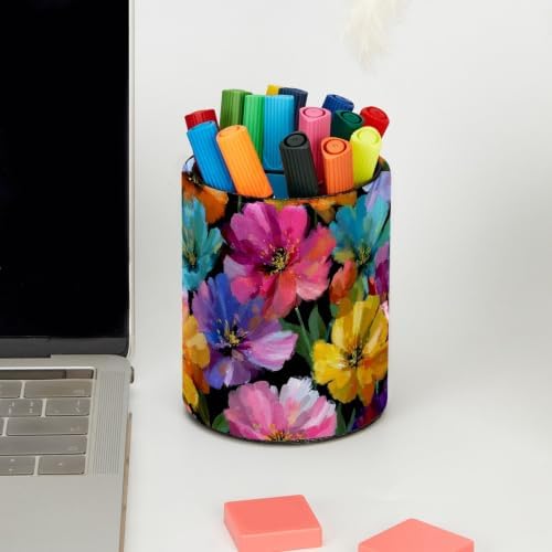 Leather Pen Holder for Desk, Oil Painting Flower Pencil Cup Pen Organizer Makeup Brush Holder for Office Home Kids Countertop Desk Accessory Storage