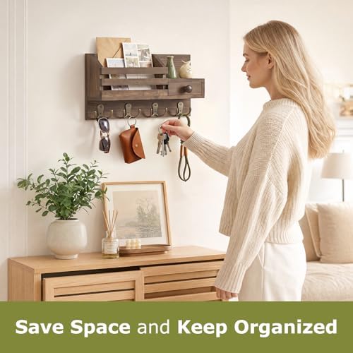 Key Holder Wall Mount, Wooden Key and Mail Organizer, Brown