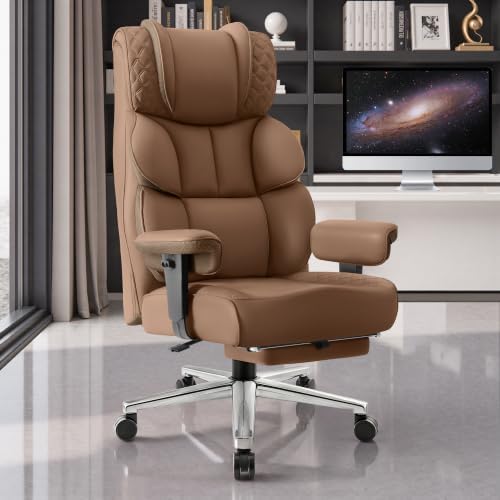BestGlory Office Desk Chair, Big and Tall Leather Gaming Chair with Footrest, Ergonomic Comfy Executive High-Back Reclining Computer Chairs, Wide Swivel Rolling Wheels and Padded Lumbar Support,