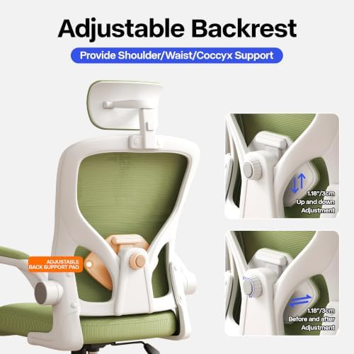 Office Chair, Ergonomic Desk Chair with Adjustable Lumbar Support, High Back Mesh Computer Chair and Headrest, Comfortable Gaming Chairs Rolling Swivel Task Chairs Flip-up Arms(Green)