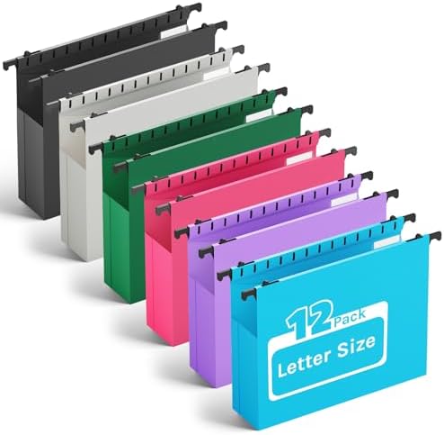 Plastic Hanging File Folder Letter Size,Heavy Duty 2" Expandable File Folder with Tabs,12 Pack Reinforced Expanding Hanging Folder,File Cabinet Folders,Extra Capacity,Hanging Organizer for Home Office