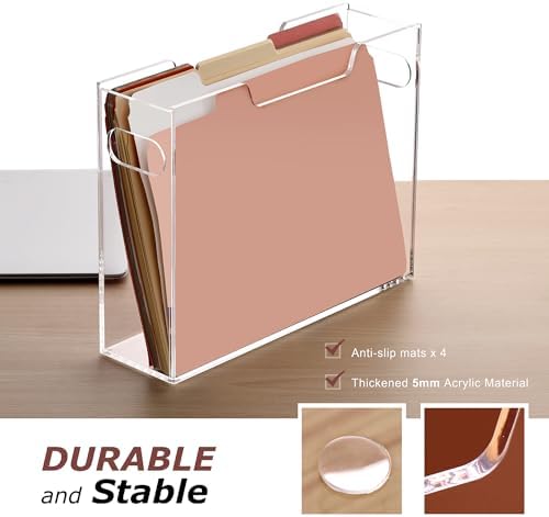 DINGHUO Acrylic File Organizer Box Letter Size Hanging File Organizer, Clear Portable File Folder Box with Handle, Filing Crate Bin Holder for Desk, Office, Home, School - 2 Pack