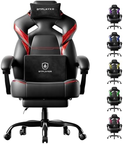 GTPLAYER Big and Tall Gaming Chair for Adults, Ergonomic Office Chair with Footrest, Heavy Duty 350 lbs Capacity, High Back, Premium Leather & Iridescent Trim, ACE-Armor, Red