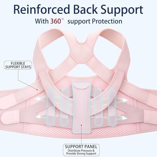 Posture Corrector for Women and Men, Adjustable Back Brace with Shoulder Support and Lumbar Support Belt, Full Back Support Posture Trainer for Spine Alignment, Upper Back, Neck, Shoulder, Lower Back Support, Slouching and Hunchback (Pink, Medium)