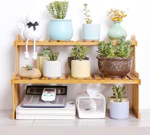 GURECOD 22.8" 2 Tiers Bamboo Plant Stand Shelf,Desk Flower Pot Holder,Adjustable Desktop Shelf Display Organizer Ladder Rack for Office Decorate Desk Shelving Storage Rack,Kitchen Rack (22.8" Length)