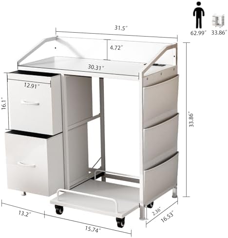 Printer Stand with Fabric Drawers, Lateral Office Filing Cabinets with Power outlets & USB Charging Port, File Cabinet with Large Printer Stands for Home Office, Shredder Stand Rack (White)