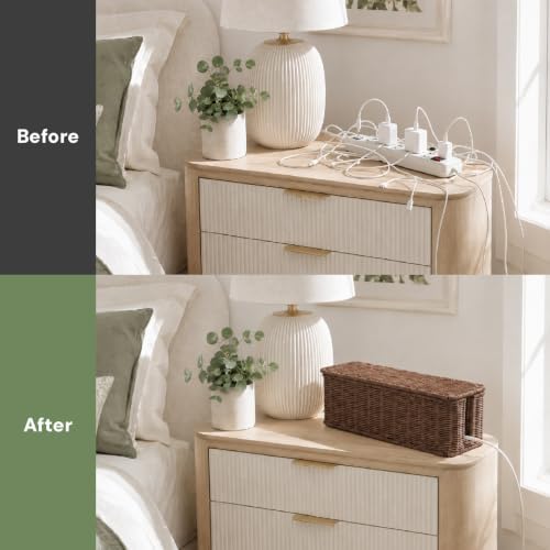 Cable Management Box, Handmade Rattan Cord Organizer for Power Strip