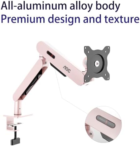 AOC AM400PLUS Premium Aluminum Single Monitor Arm, Mechanical Spring, 17–34 Inch, 4.4–19.8 lbs, VESA 75x75/100x100, C-Clamp, Quick Install Desk Mount with Cable Management (Pink)