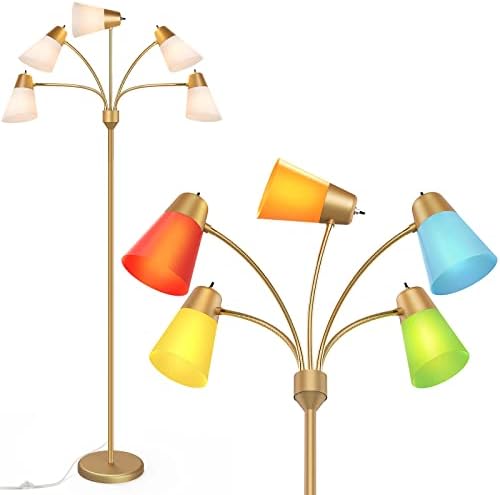 FOLKSMATE LED Floor Lamp, Medusa Multi Head Modern Tall Standing Lamps, Adjustable Corner Reading Floor Light for Living Room, Bedroom, Kids Room, White and Colored Lampshades, Brass Gold