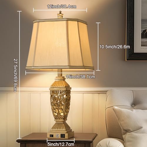 AIDENOEY 27.5“ Farmhouses Table Lamp with USB & USB-C Charging Ports, 3-Color Dimmable & Stepless Bottom Dimming, Touch Control & Switch, Vintage Bedside Lamp for Bedroom Living Room Office,(Brown)