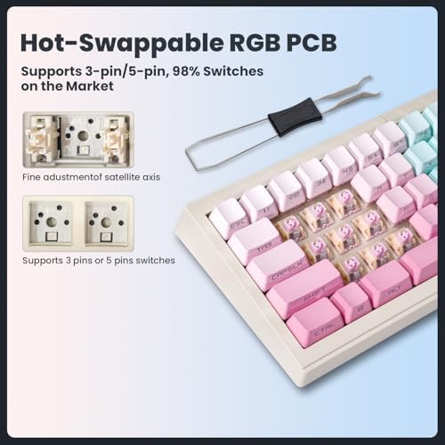 ZORNHER ST68 Wireless Ergonomic Split Mechanical Keyboard,65% Pink & Blue Custom Creamy TKL Keyboard with Knob,Lighted Up PBT Keycaps,Pre-lubed Linear Switches,Hot-Swappable,RGB Backlit