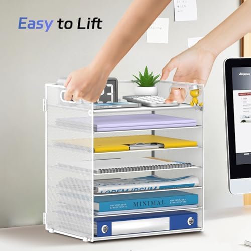 7 Tier Paper Organizer for Desk with Letter Trays & Handle White