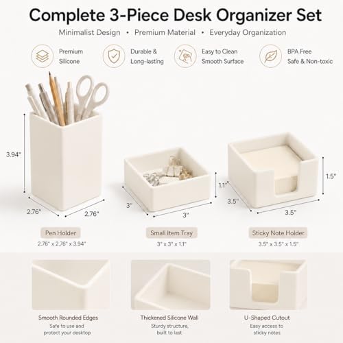 minimaliving Aesthetic Silicone Desk Organizer Set of 3,Modern Office Desk Accessories with Pen Holder,Paperclip Tray,Sticky Note Holder,Stylish Functional Office Desk Decor for Back-to-school(Beige)