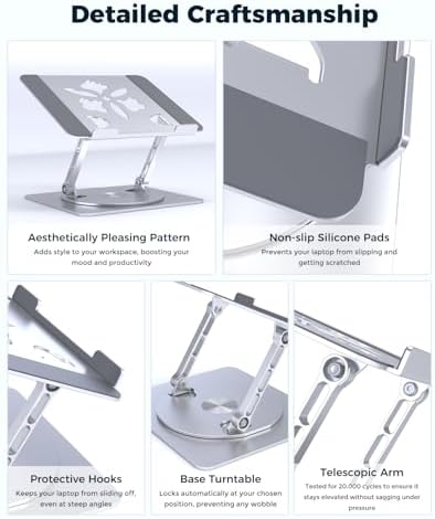 Aoviho 360° Rotating Laptop Stand for Desk | Adjustable, Foldable, Portable Aluminum Ergonomic Riser | Compatible with MacBook, Dell, HP & All Laptops 10-16 inch | Silver