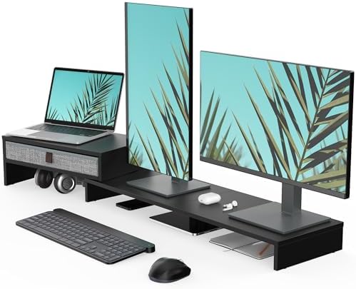 Fenge Triple Monitor Stand with Storage Drawer, Adjustable Length and Angle