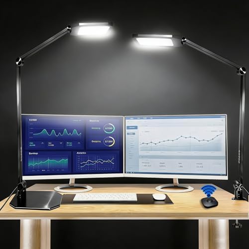 Pro LED Desk Lamp with Remote Control, Eye-Caring CRI95+ Dimmable Light, 3000K–6000K Adjustable Color Temperature, Flexible Angle, Clamp or Base Mount, for Home Office, Reading & Video Calls, 2 Pack