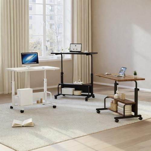 Simple Deluxe 31.5" Manual Standing Desk, Height Adjustable Mobile Computer Desk with Lockable Wheels & 2-Tier Storage, Rolling Laptop Table for Small Spaces & Home Office, White