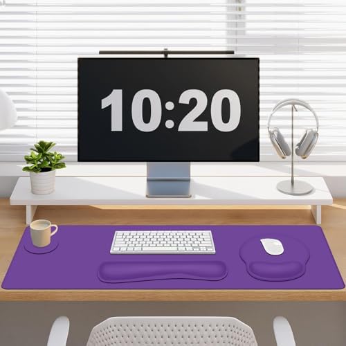 4 PCS Mouse Pad Desk Mat Protector, Keyboard Wrist Rest + Comfortable Mouse Pad Wrist Rest +Coaster, Large Gaming Mousepad for Computer Laptop, 35.4"X 15.7" Deskpad for Office Home I Dark Purple