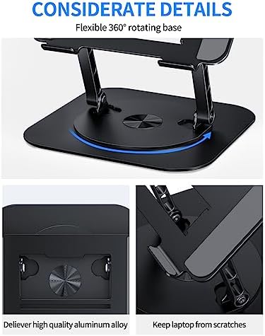 AOEVI Adjustable Laptop Stand with 360 Rotating Base, Computer Stand for Laptop Ergonimic Foldable Laptop Riser for Desk Compatible with MacBook Pro/Air Notebook up to 16 Inches, Black