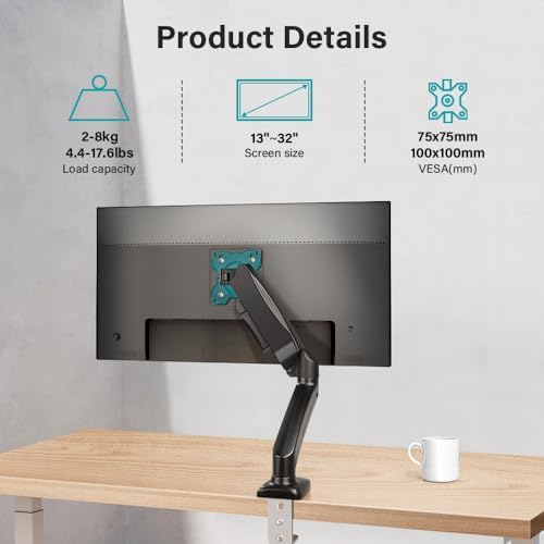 BFTOU Black Single Monitor Arm Adjustable Stand Monitor Mount up to 32 inches and 17.6 lbs, Computer Desk Mount with Clamp and Grommet Base