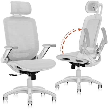 GABRYLLY Ergonomic Office Chair, High Back Home Desk Chair with 2D Flip-Up Arms, 3D Headrest, 90-120° Tilt and Wide Cushion, Big and Tall Mesh Chairs for Man Woman, Computer Task Chair Light Grey