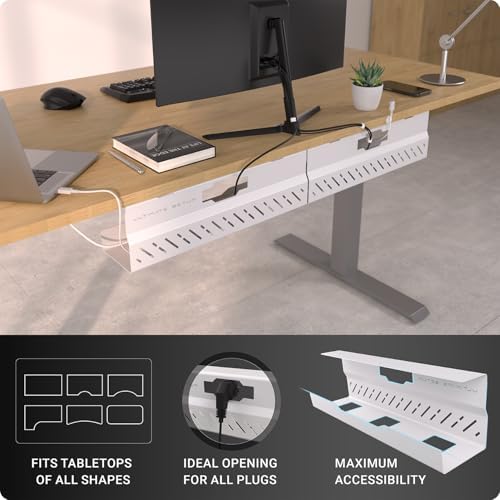 Under Desk Cable Management Tray no Drill – Wire Management - Cord Organizer – Huge Load Capacity – Under Desk Cable Tray no Drill (White, 2 Pieces Set)