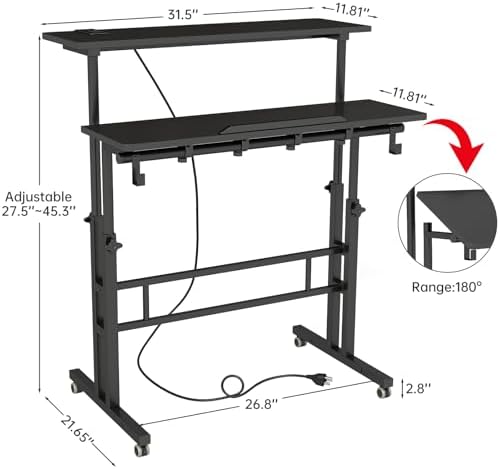 SIDUCAL Portable Standing Desk Adjustable Height, Rolling Computer Desk on Wheels, Mobile Home Office Workstation with USB Ports and Outlets, Laptop Cart for Standing or Sitting, 31.5" x 23.6" Black